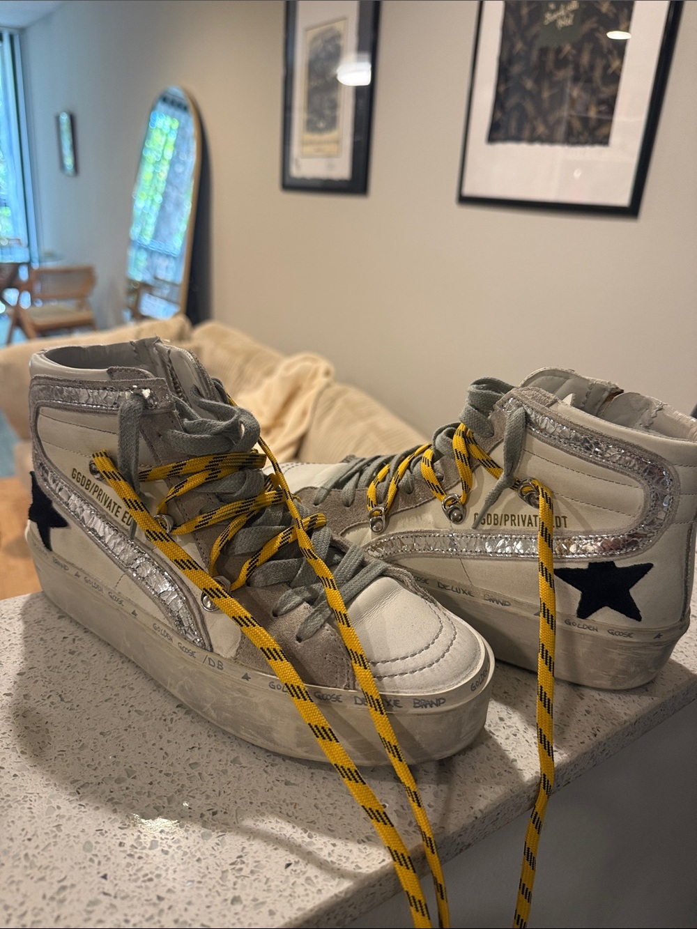 Limited Edition Golden Goose Hi-Slide Platform High-Top Sneaker Yellow Laces - Picture 6 of 9